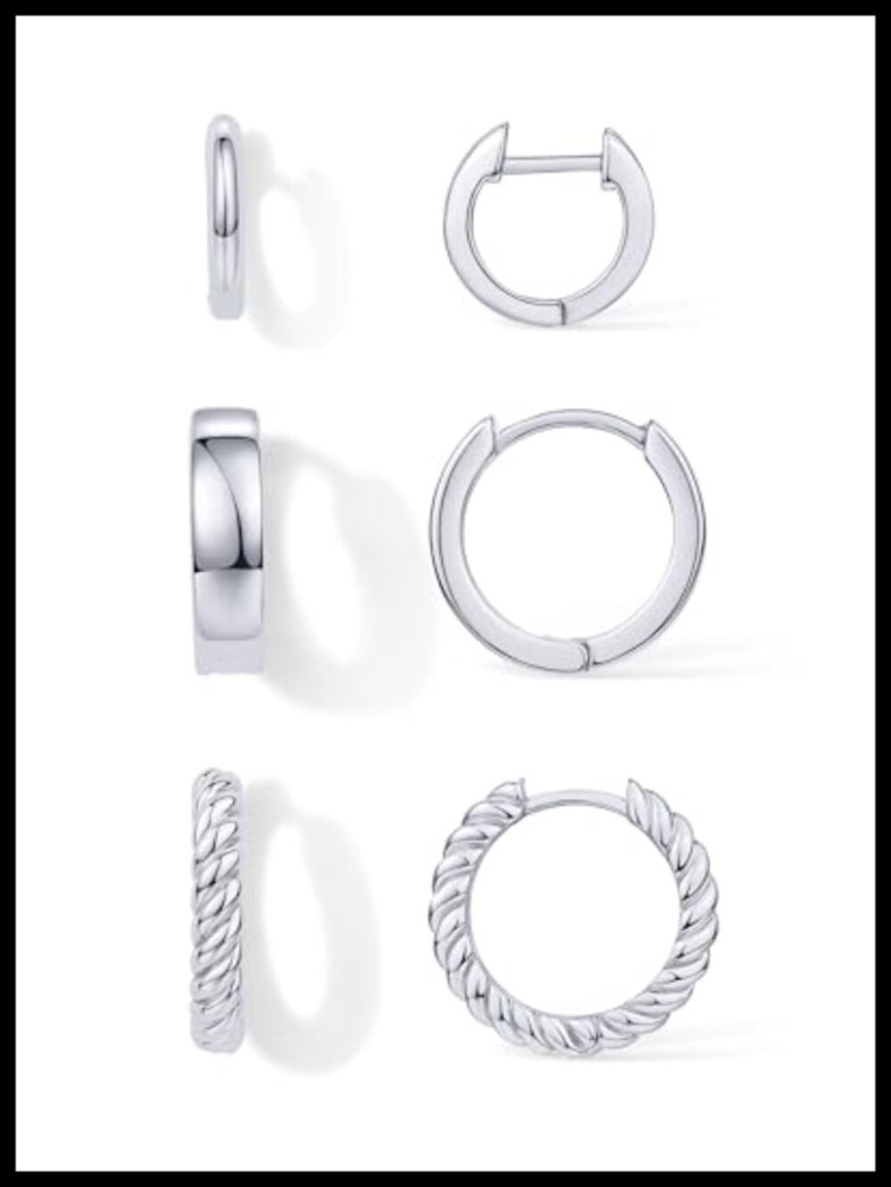 Small Huggie Hoop Earrings Set 3 Pair Hypoallergenic Rhodium Plated Women